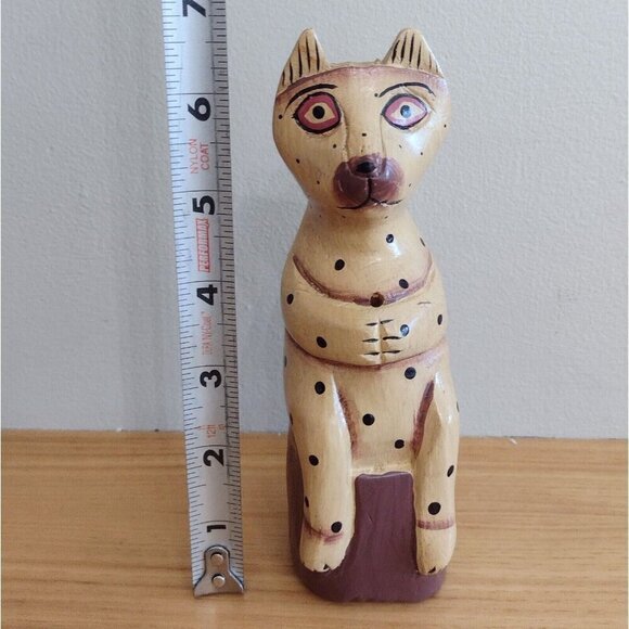 Vintage Hand Painted Polka Wooden Cat Figurine Incense Holder Folk Art - Picture 8 of 8